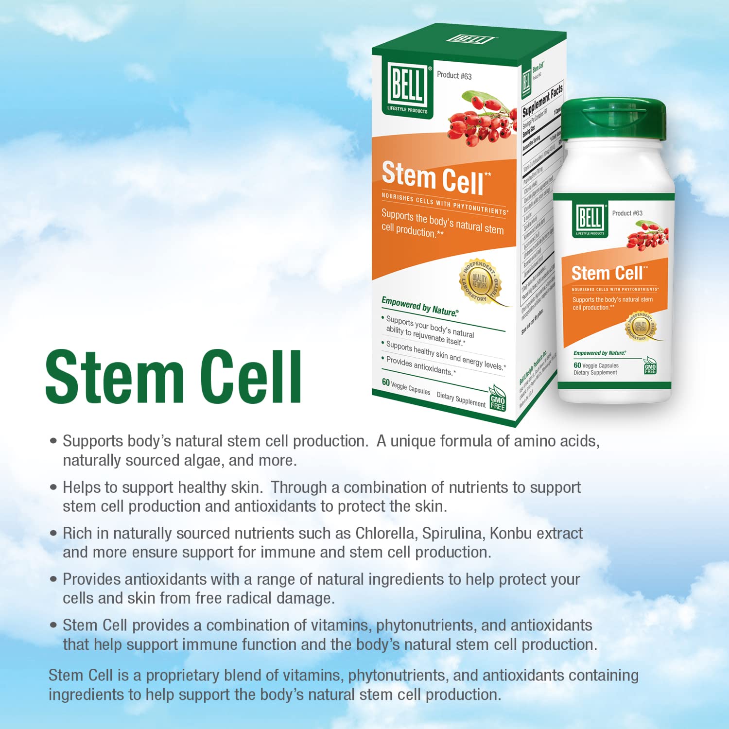 Bell Stem Cell Supplements capsule closeup highlights easy-to-swallow form.