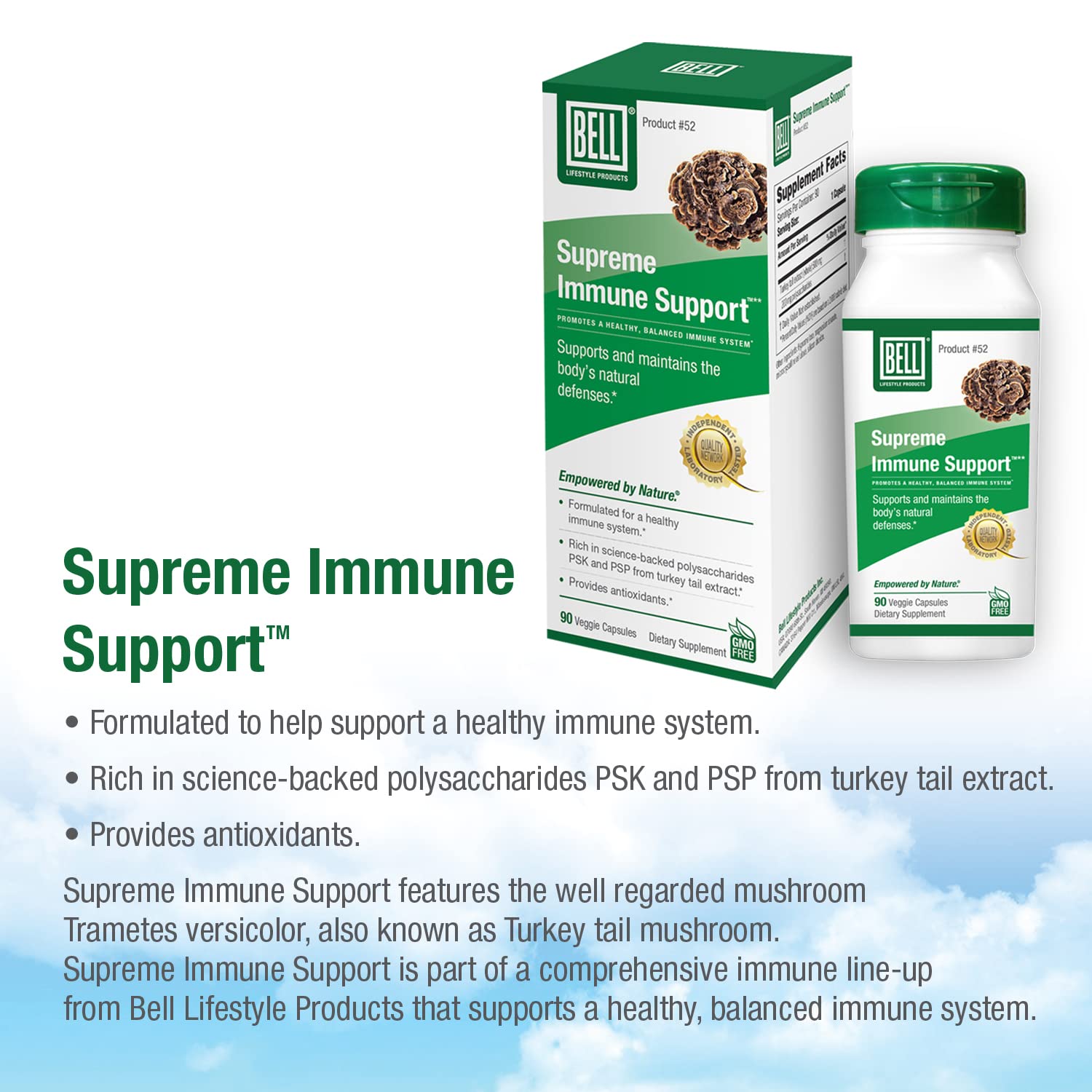 Closeup of Bell Supreme Immune Support capsules highlighting daily use