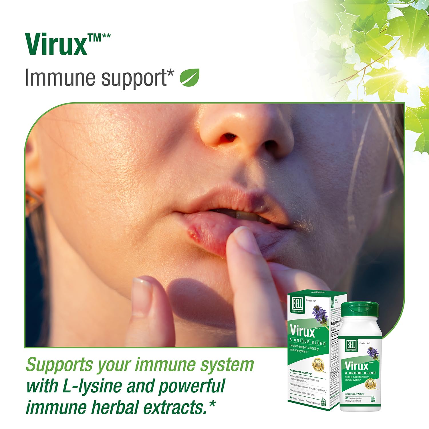 Bell Virux L Lysine capsules close-up showing plant-based capsules