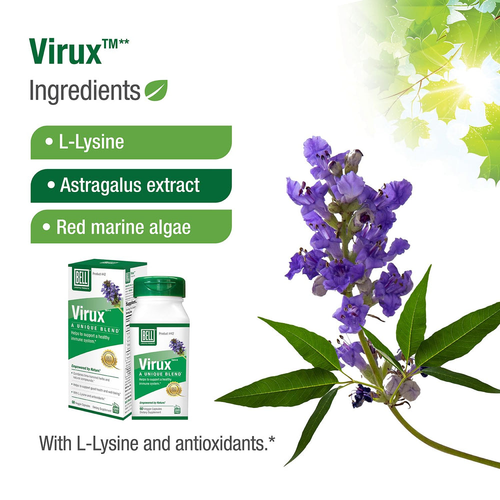 Bell Virux L Lysine daily-dose setup with glass of water for routine use