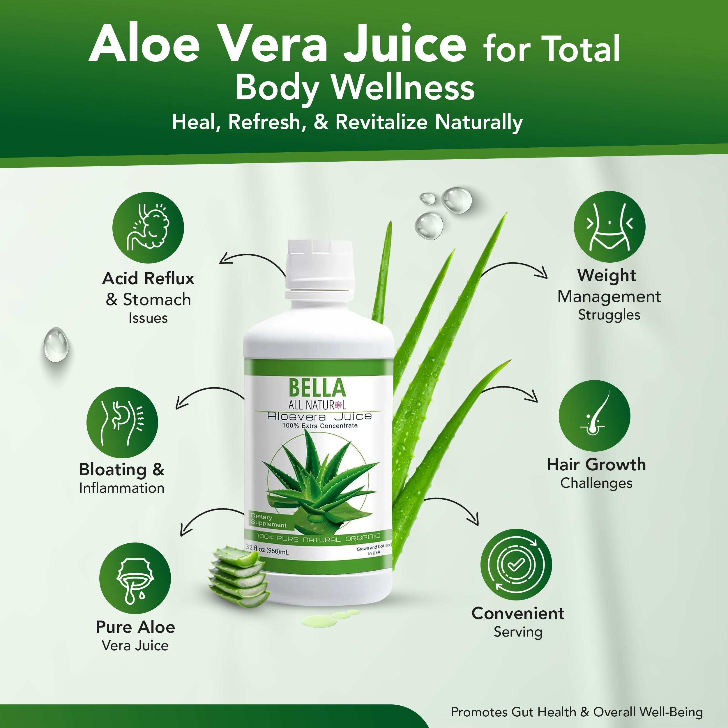 Bella All Natural Aloe Vera Juice glass with ice suggests refreshing hydration and easy mixing.