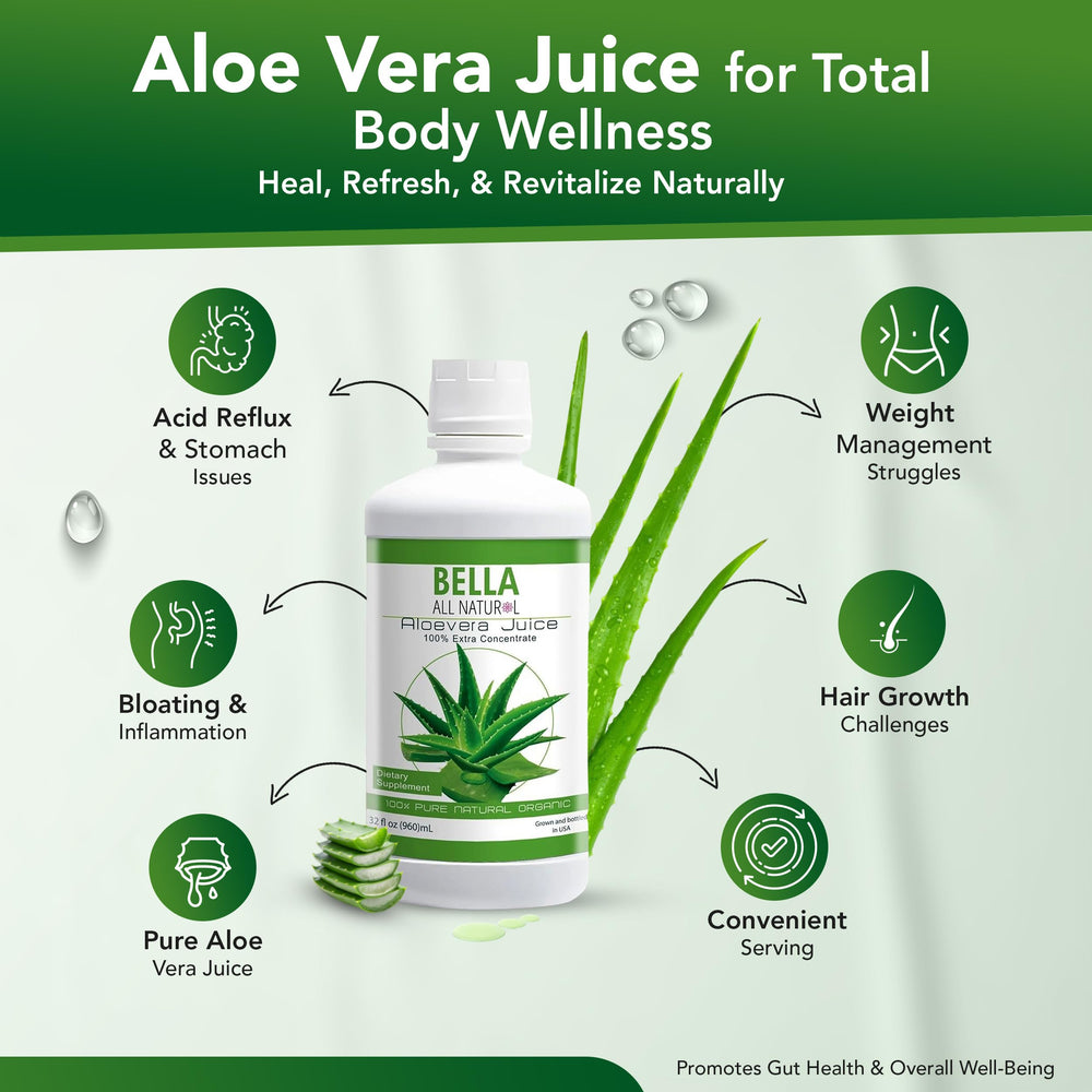 Bella All Natural Aloe Vera Juice glass with ice suggests refreshing hydration and easy mixing.