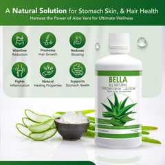 Bella All Natural Aloe Vera Juice label detail emphasizes organic ingredients and purity.
