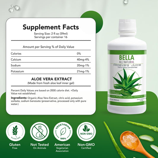 Bella All Natural Aloe Vera Juice pour into glass highlights natural, sugar-free refreshment.