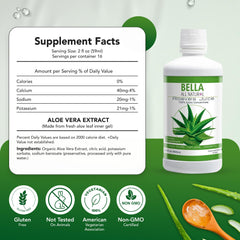 Bella All Natural Aloe Vera Juice pour into glass highlights natural, sugar-free refreshment.
