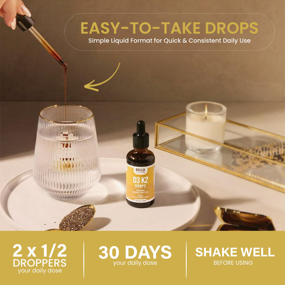 Travel-friendly Bella All Natural D3 K2 liquid drops bottle in a bag.