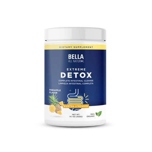 Bella All Natural Extreme Detox Pineapple bottle closeup showing tropical flavor and gut health support