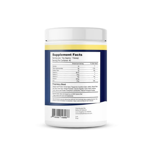 Bella All Natural Extreme Detox Pineapple powder dispense highlights convenient scooping for daily routines