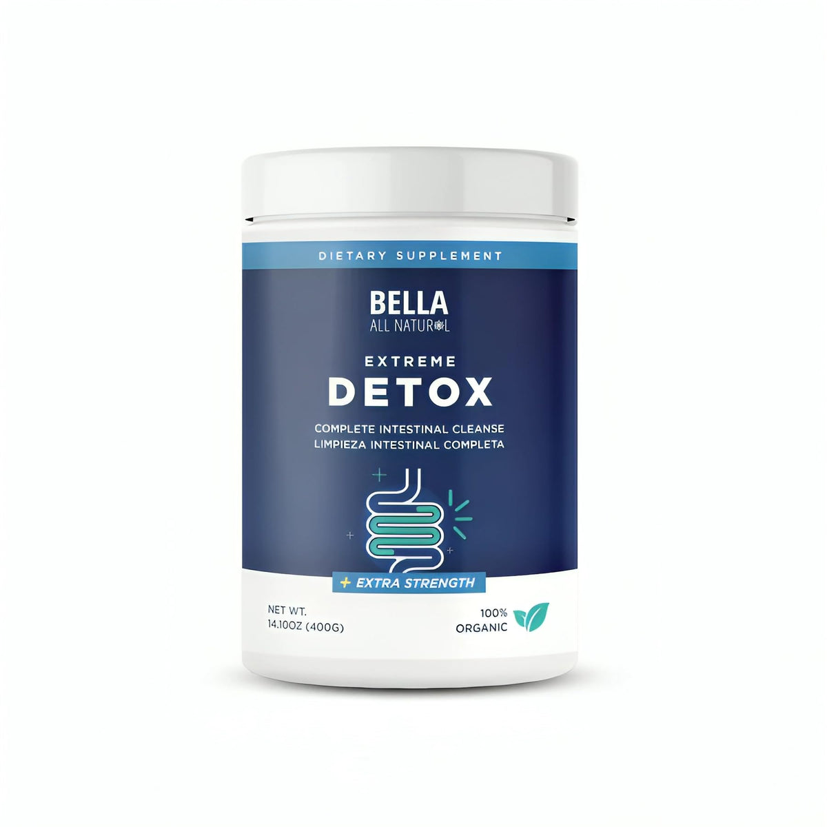 Bella All Natural Extreme Detox Powder bottle close-up highlighting unflavored formula for gut health.
