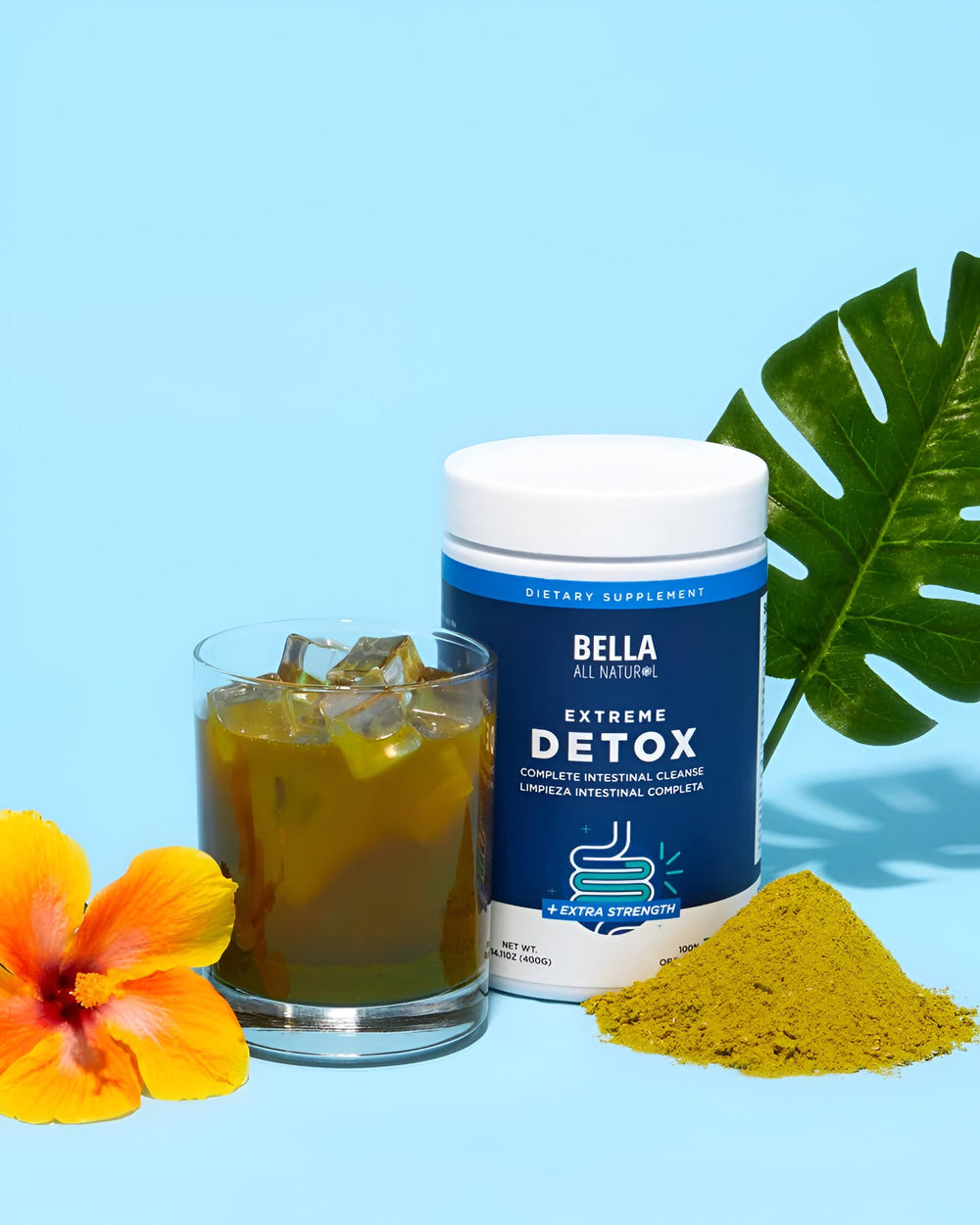 Bella All Natural Extreme Detox Powder label highlights unflavored formula and gut health benefits.