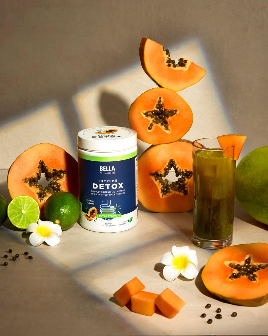 Bella All Natural Extreme Detox Powder Papaya in a ready-to-drink mixed beverage.