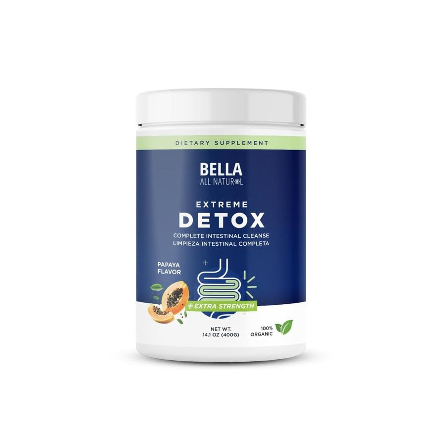 Bella All Natural Extreme Detox Powder Papaya tub front showing herbal blend for digestion support.