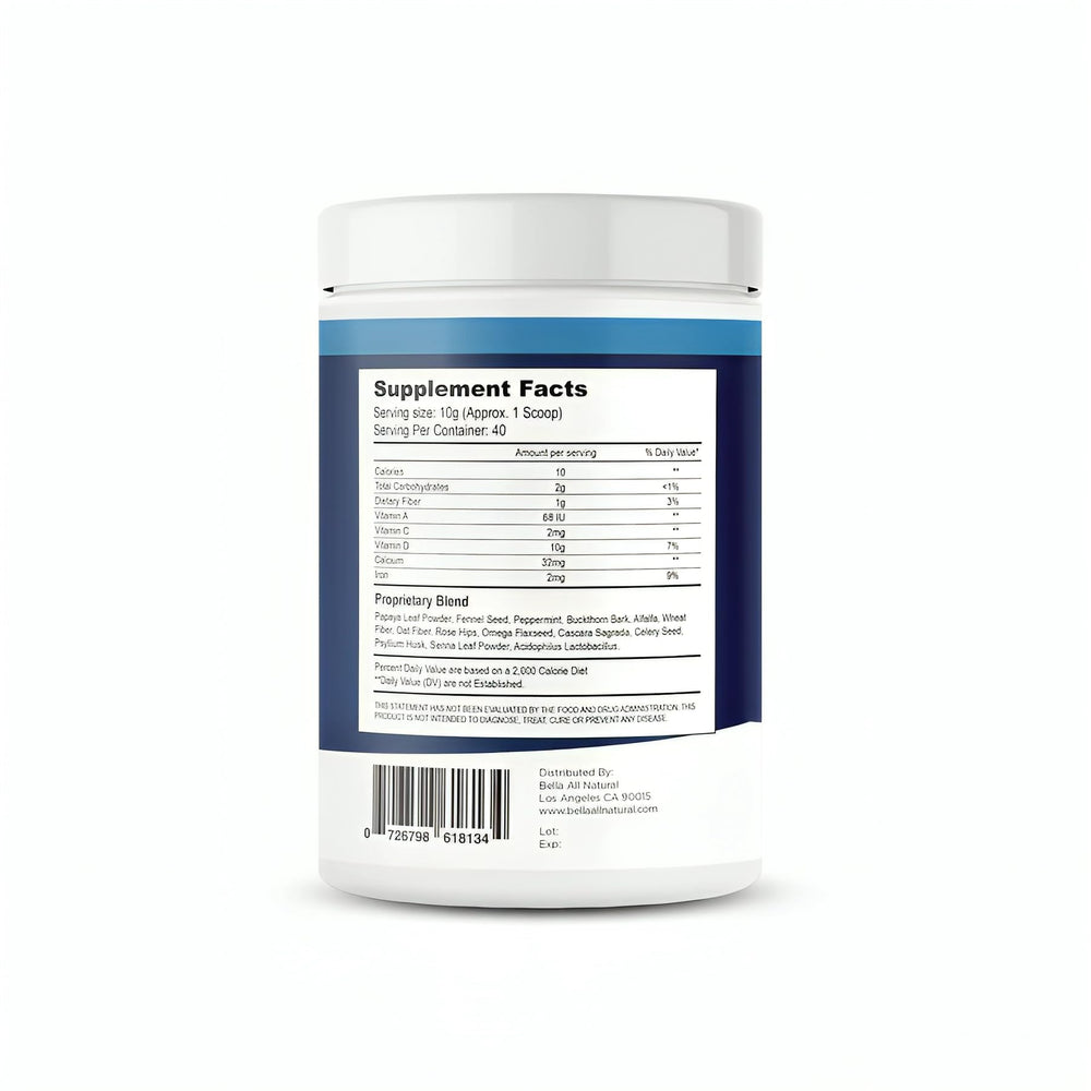 Bella All Natural Extreme Detox Powder scoop with glass of water for digestion support.