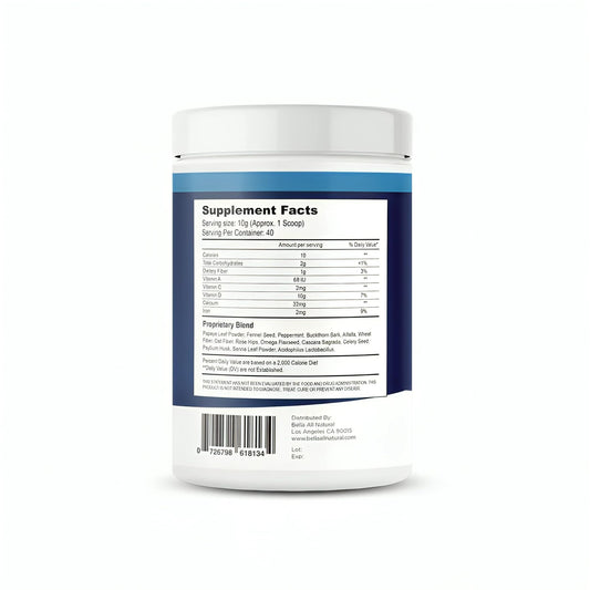 Bella All Natural Extreme Detox Powder scoop with glass of water for digestion support.