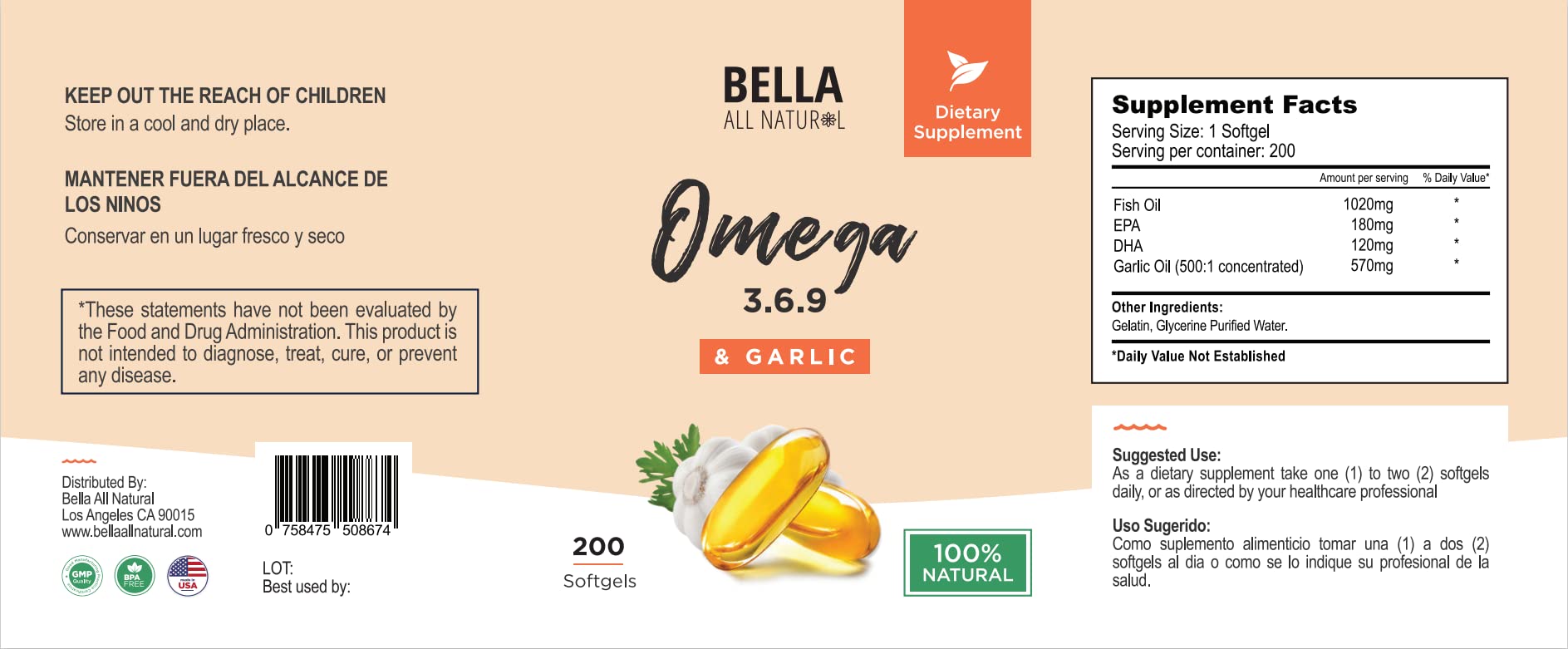 Bella All Natural omega-3-6-9 capsules on shelf for easy access