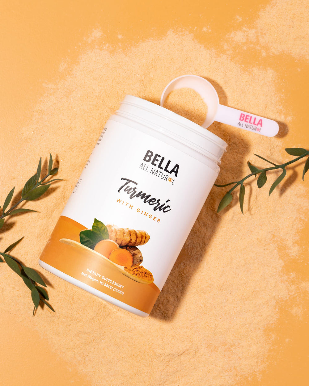 Bella All Natural turmeric-ginger powder jar label shows blend