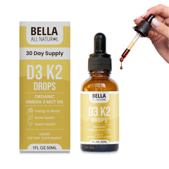 Bella All Natural Vitamin D3 K2 liquid drops bottle for daily bone support.