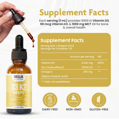 Dropper of Bella All Natural D3 K2 liquid drops for easy dosing.