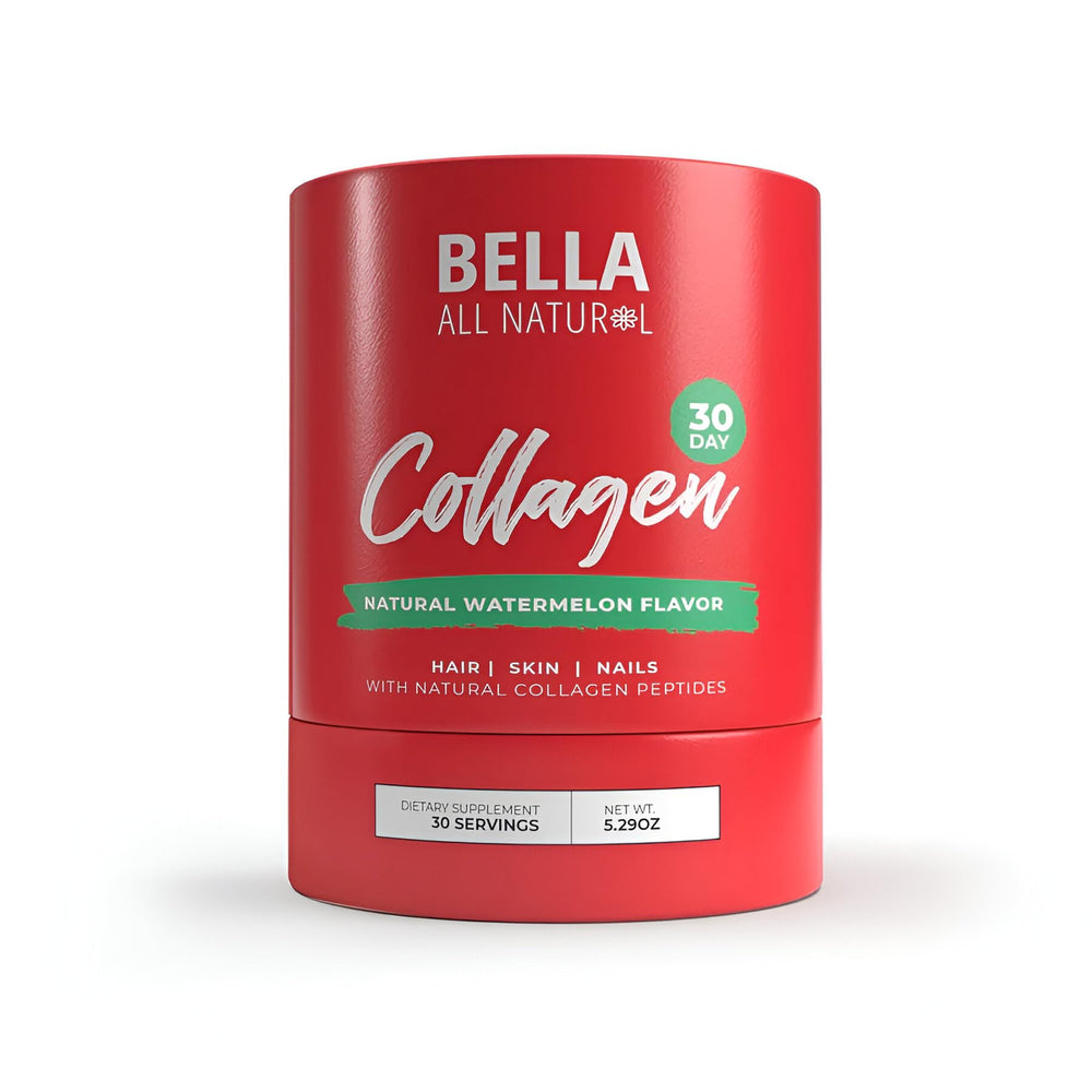 Bella All Natural Watermelon Collagen Powder being poured into water.