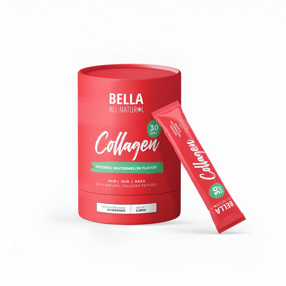 Bella All Natural Watermelon Collagen Powder sachet front view, radiant-looking skin.