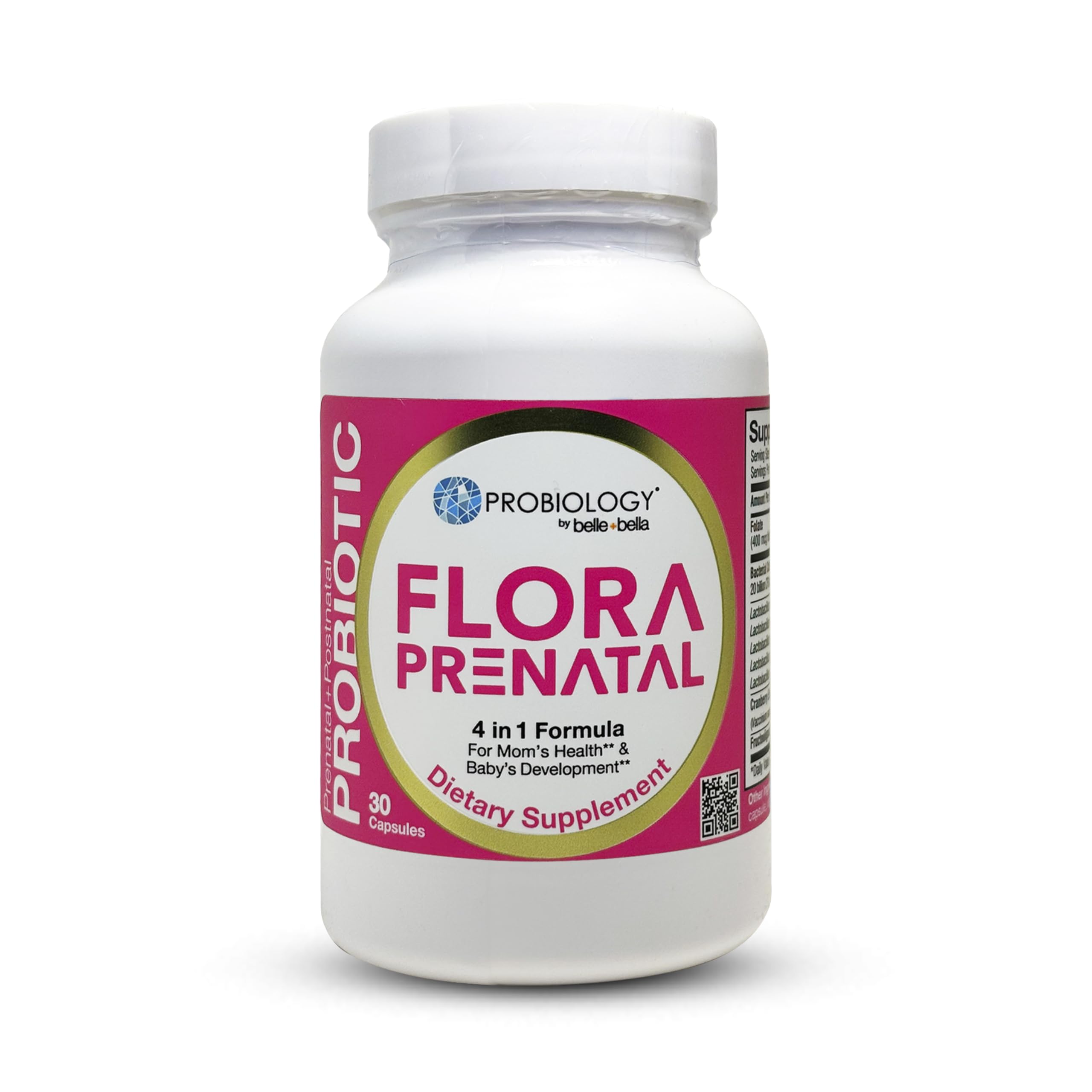 Bellebella Probiology Flora capsules bottle close-up highlighting shelf-stable prenatal probiotic formula