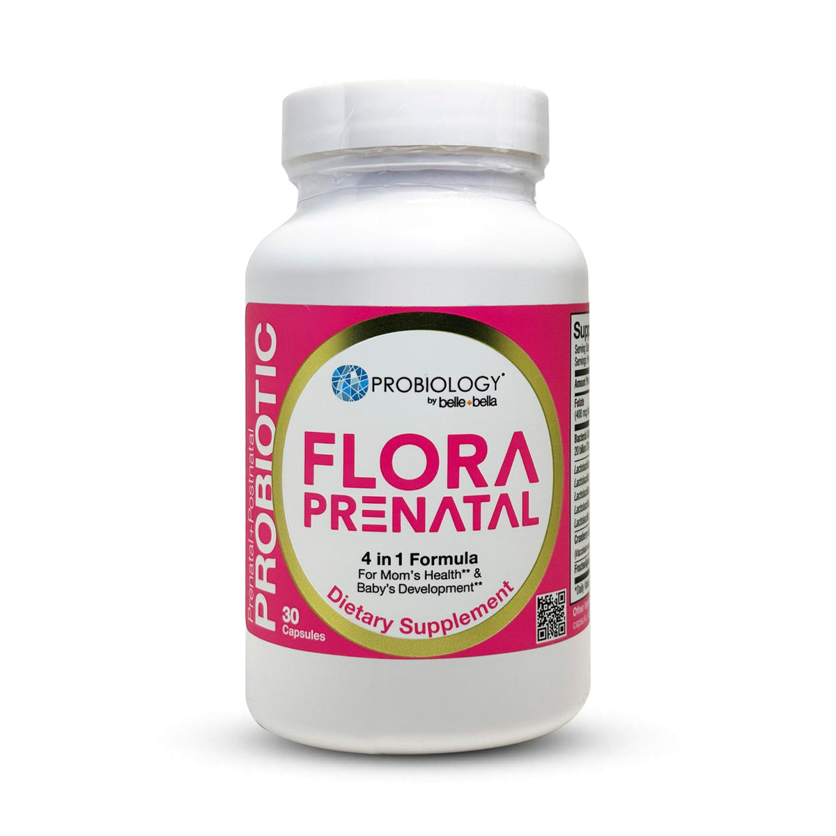 Bellebella Probiology Flora capsules bottle close-up highlighting shelf-stable prenatal probiotic formula