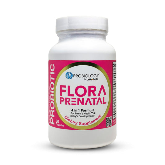 Bellebella Probiology Flora capsules bottle close-up highlighting shelf-stable prenatal probiotic formula