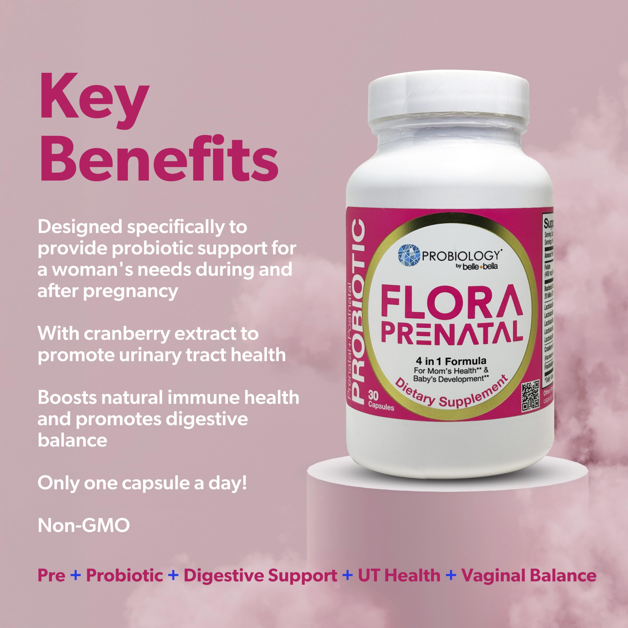 Bellebella Probiology Flora features five probiotic strains promoting digestive balance and vaginal health