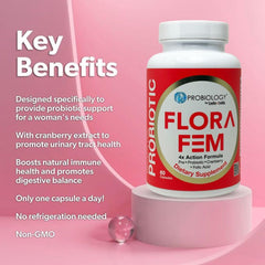 belle+bella probiology flora fem bottle illustrating probiotic strains for balance.