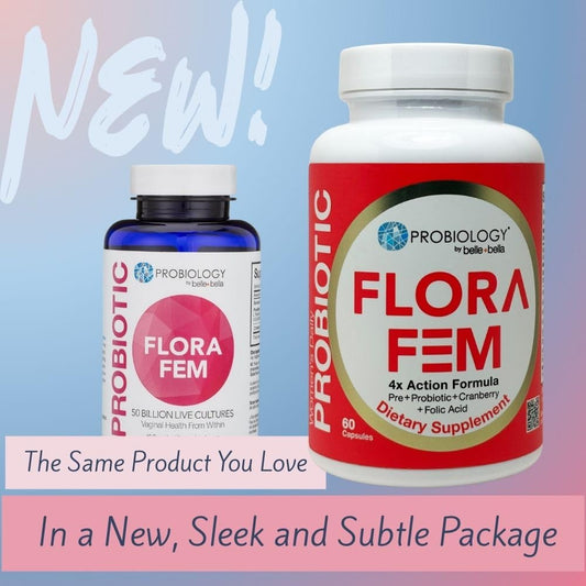 belle+bella probiology flora fem capsules close-up highlighting 20 billion live cultures.