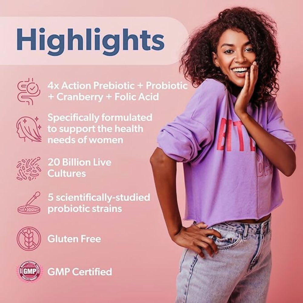belle+bella probiology flora fem label highlights cranberry and folic acid benefits.