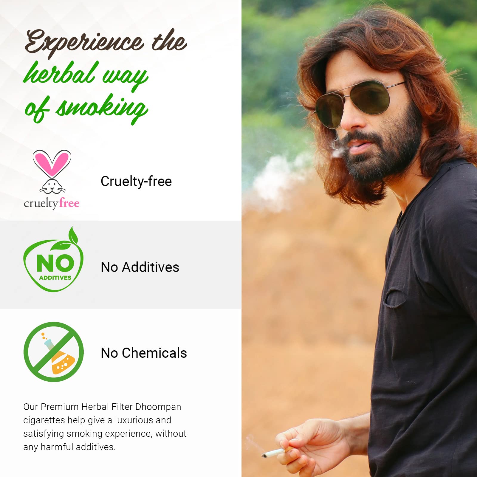 Bellissimo dhoompan rolled in tendu leaf highlights natural herbal blend and consistent burn.