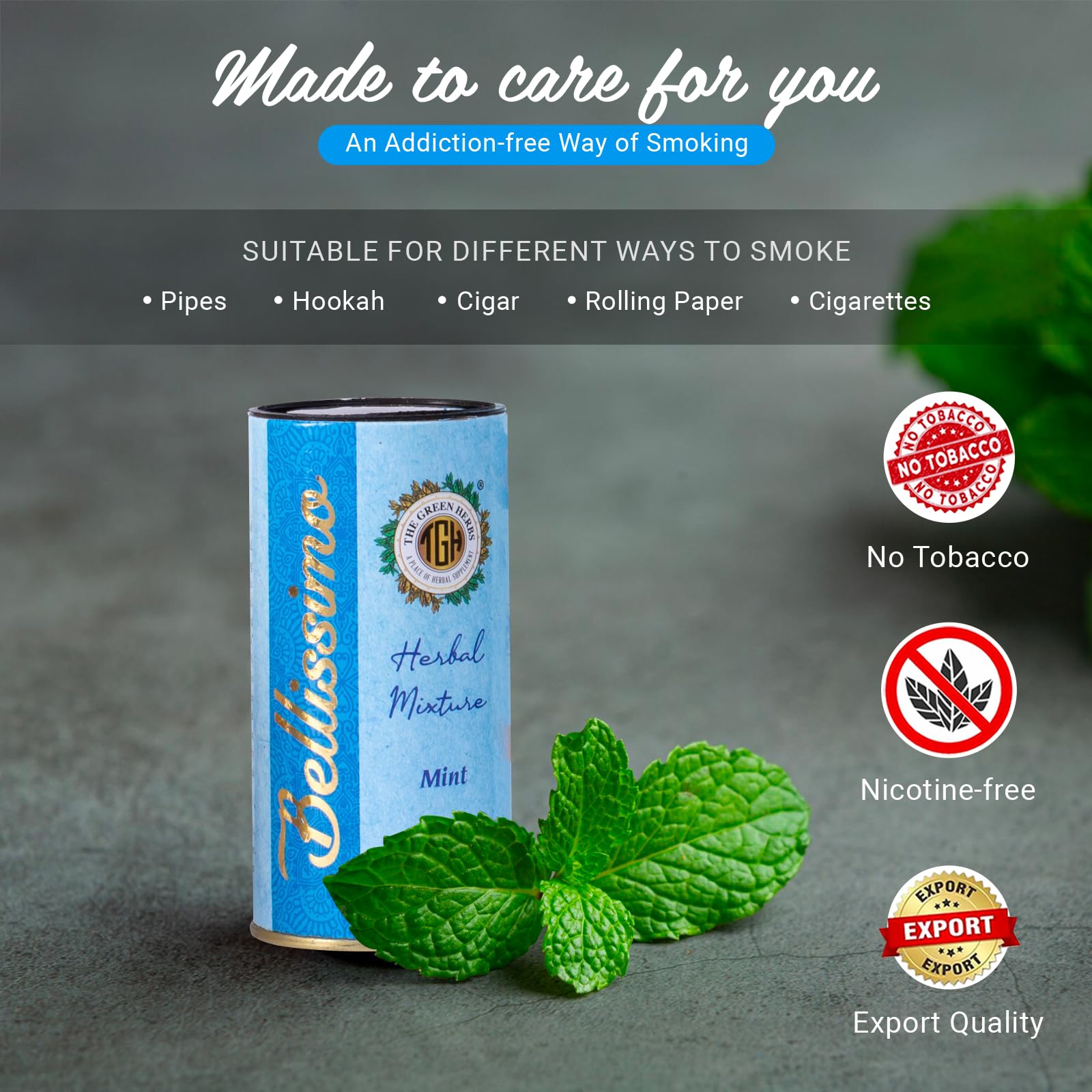 Bellissimo herbal blend ingredients closeup shows mint and herbs.