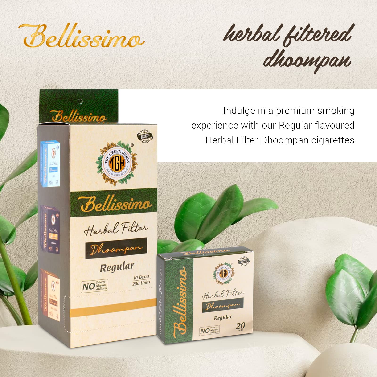 Bellissimo herbal cigarette filter close-up shows smooth burning and non-nicotine composition.