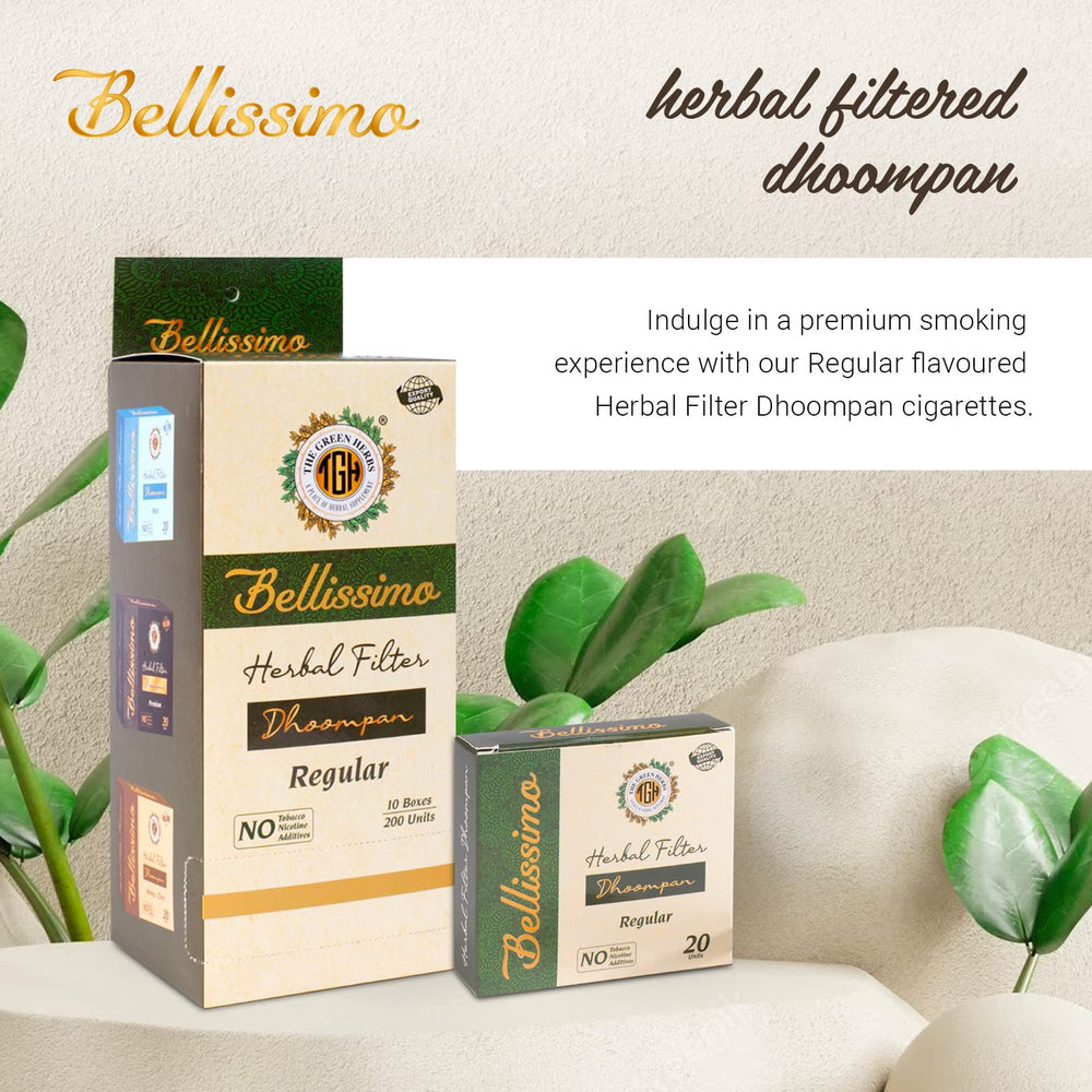 Bellissimo herbal cigarette filter close-up shows smooth burning and non-nicotine composition.