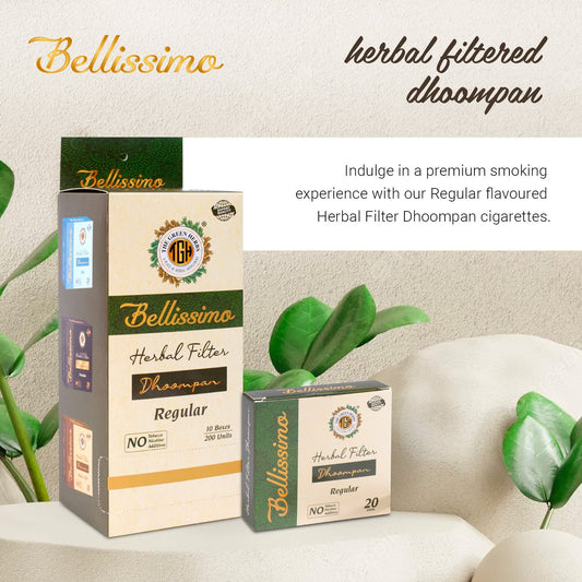 Bellissimo herbal cigarette filter close-up shows smooth burning and non-nicotine composition.