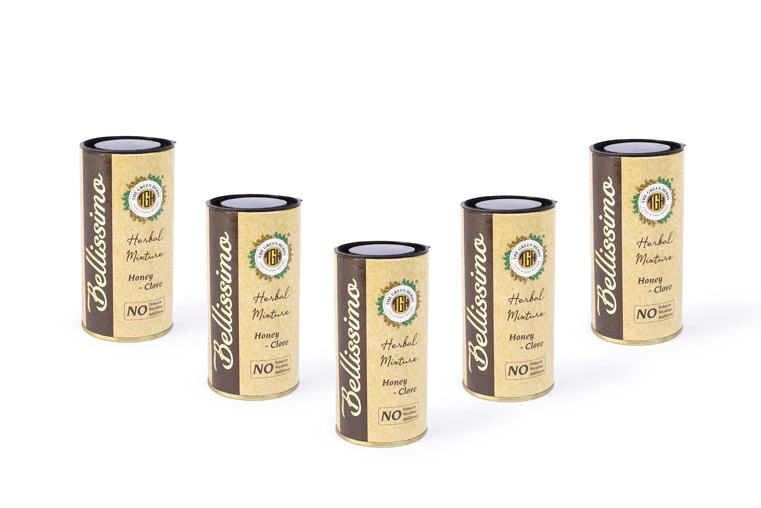 Bellissimo herbal smoke mix packaging in a 5oz tin for nicotine-free sessions