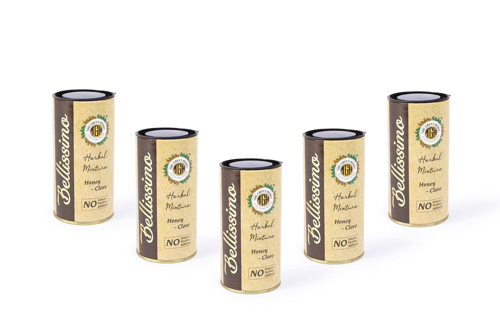 Bellissimo herbal smoke mix packaging in a 5oz tin for nicotine-free sessions