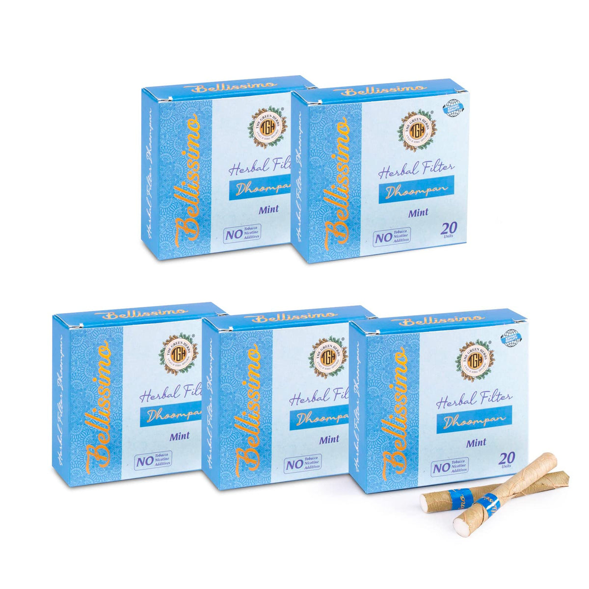 Bellissimo mint flavor sticks in tendu leaves offer a tobacco-free alternative.