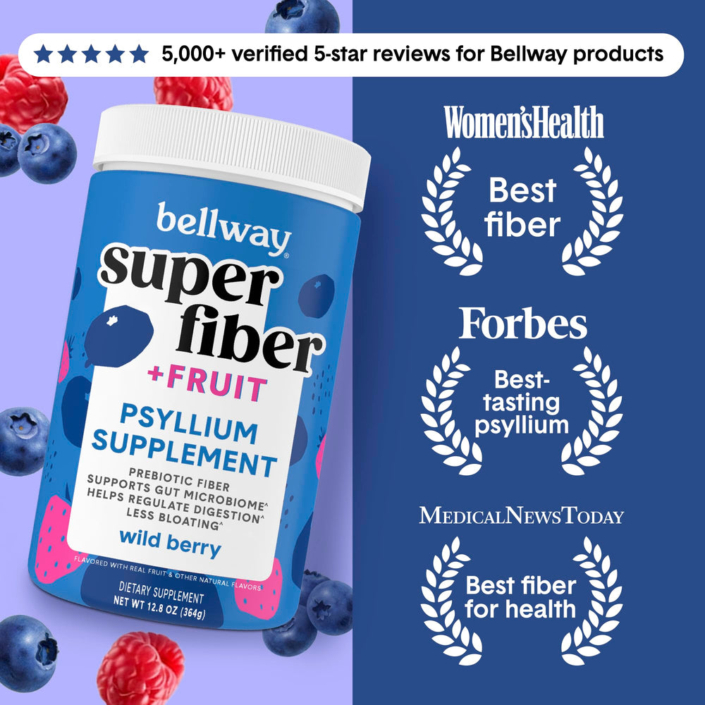Bellway Super Fiber Fruit label close-up highlighting organic psyllium and clean ingredients