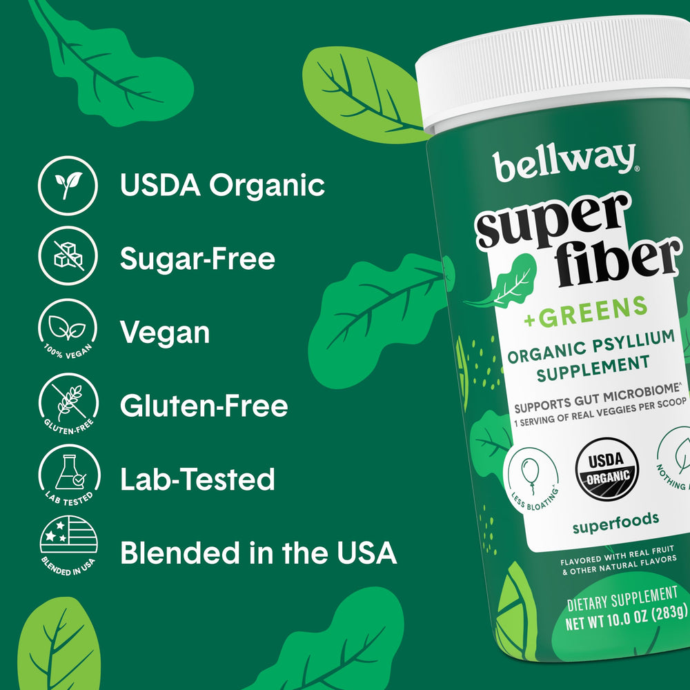 Bellway Super Fiber Greens powder in a glass ready for daily greens intake.