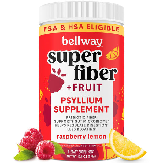Bellway Super Fiber Powder jar label highlights organic psyllium and raspberry lemon flavor.