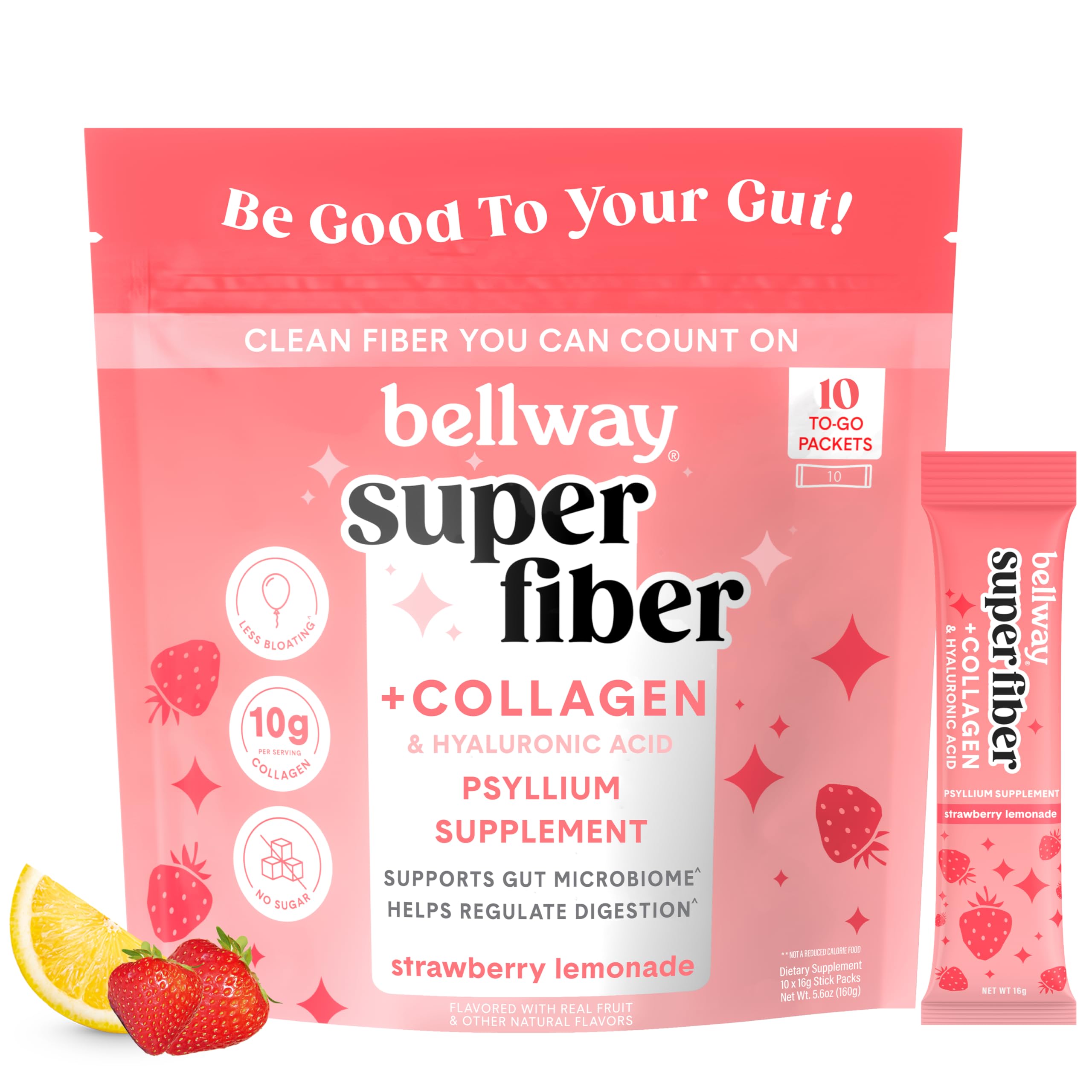 Bellway front-pack with collagen-infused fiber suggests gut health support.