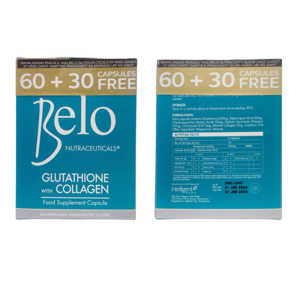 Belo Essentials bottle front with Glutathione + Collagen for radiant skin