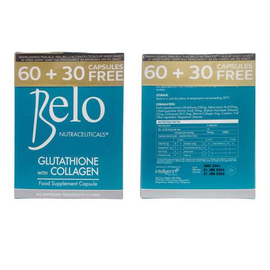 Belo Essentials bottle front with Glutathione + Collagen for radiant skin
