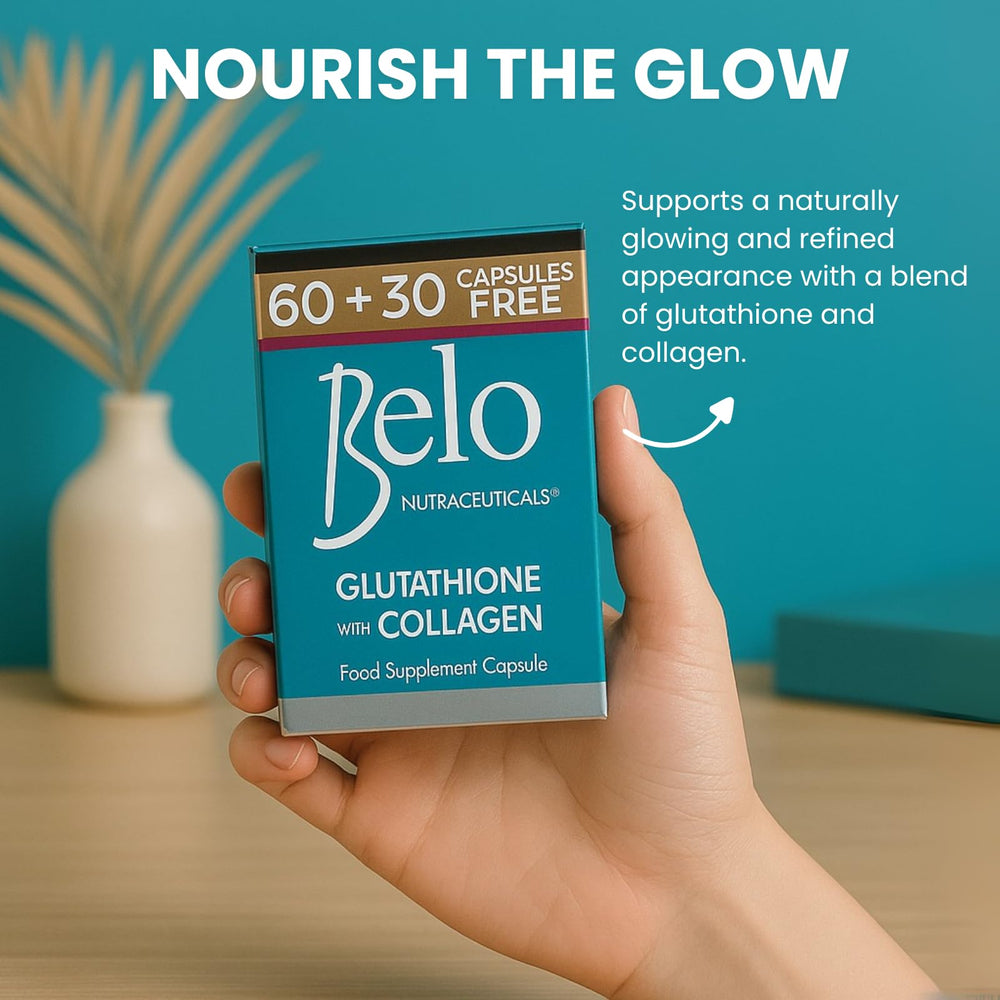 Belo Nutraceuticals Glutathione Collagen capsules in hand for on the go use