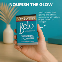 Belo Nutraceuticals Glutathione Collagen capsules in hand for on the go use