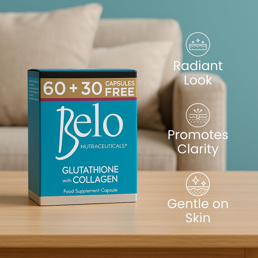 Belo Nutraceuticals Glutathione Collagen capsules label closeup with packaging details