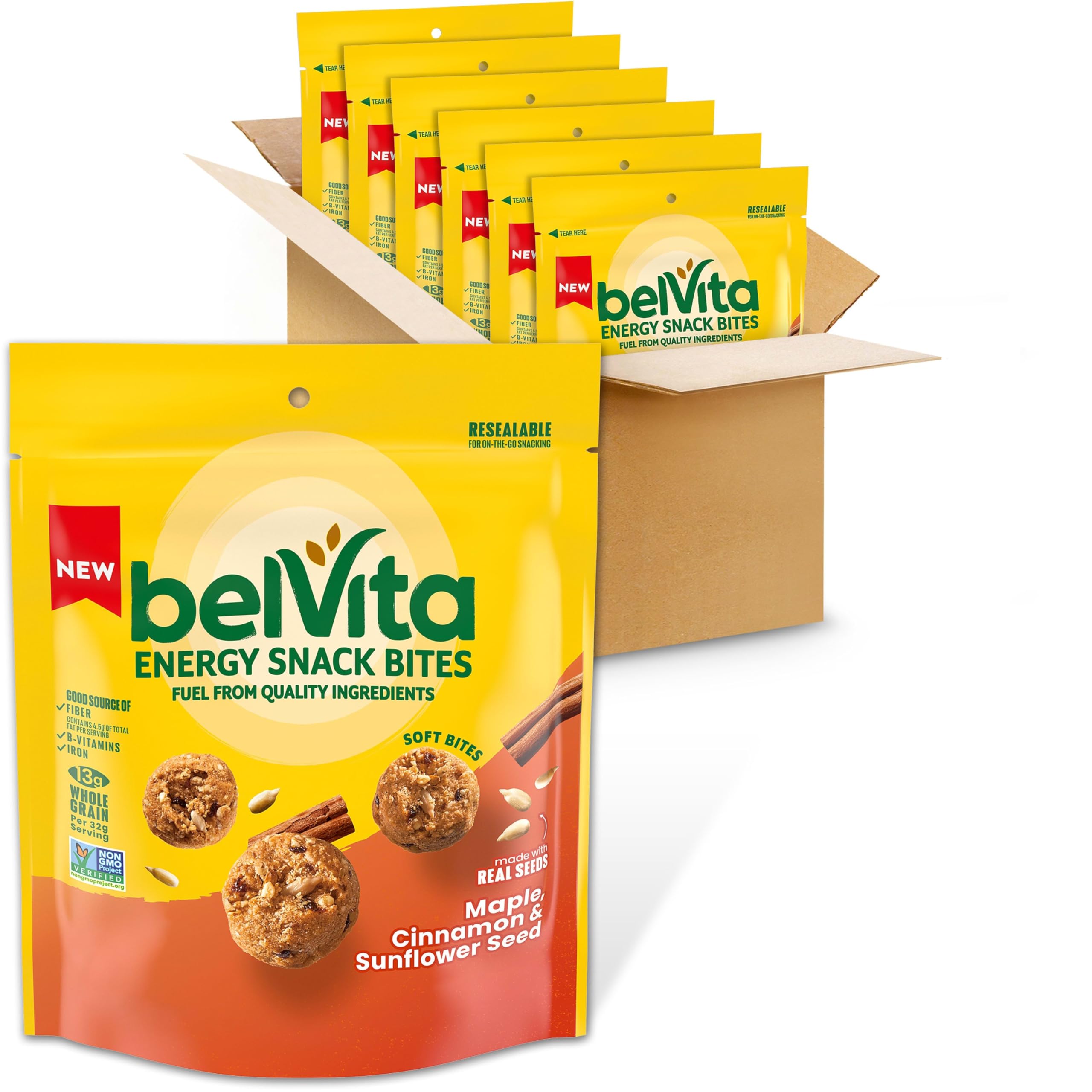 Belvita belVita Energy Snack Bites bag showing maple, cinnamon and sunflower seeds for on-the-go fuel.