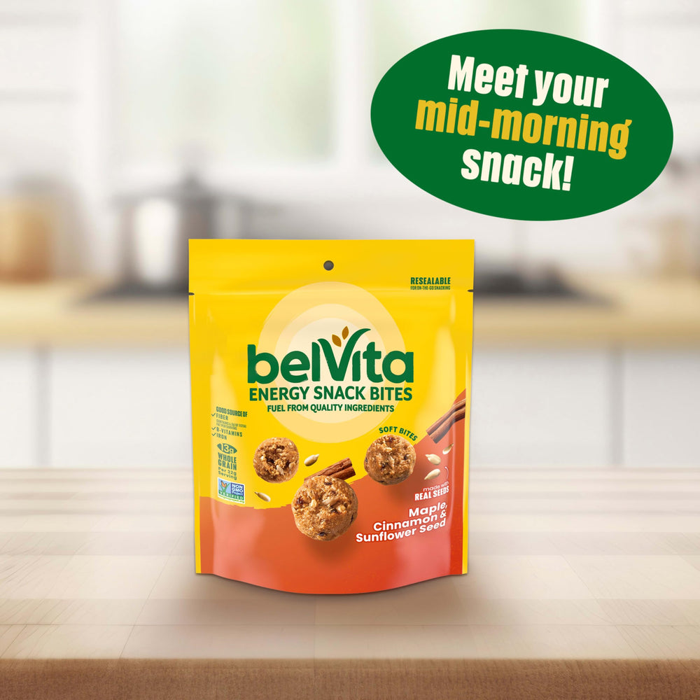 Compact travel-friendly Belvita Bites packaging designed for on-the-road snacking.